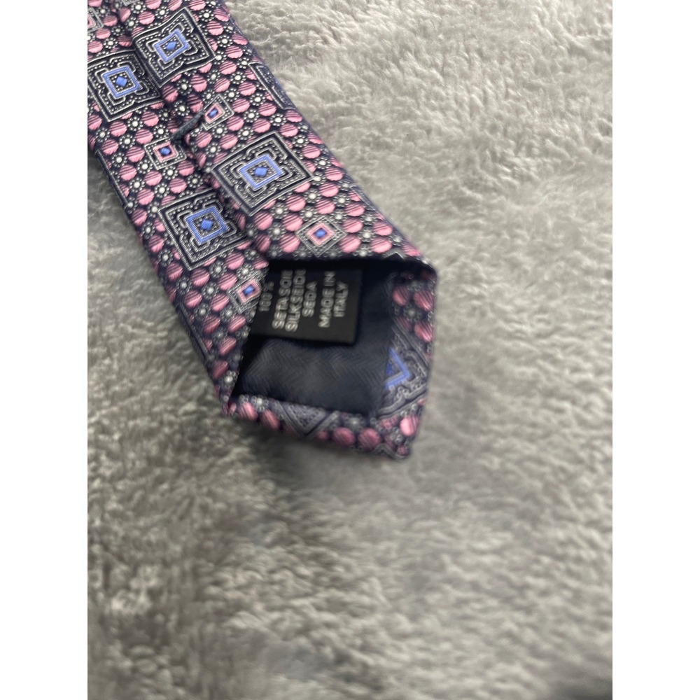 Ermenegildo Zegna Silk Necktie Pink Blue Square Geometric Pattern Luxury‎ - Picture 5 of 8